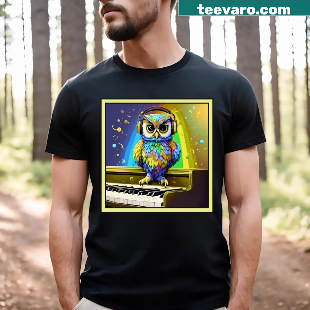 Owl wearing headphones T-shirt for music lovers — on a men's t-shirt