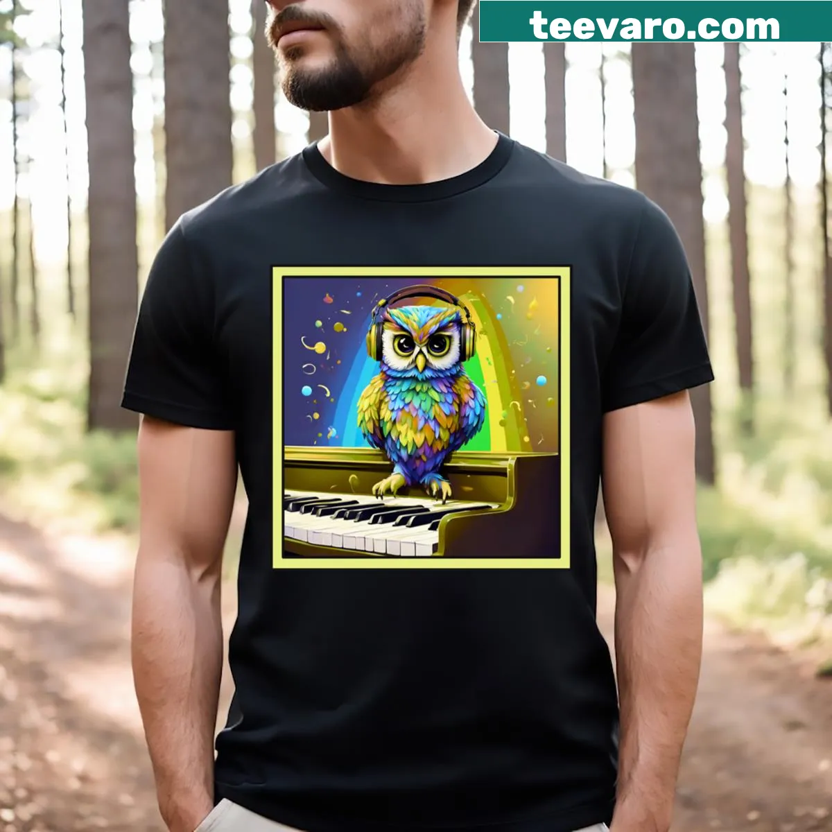Cartoon owl with headphones on a funny music-themed T-shirt — on a men's t-shirt