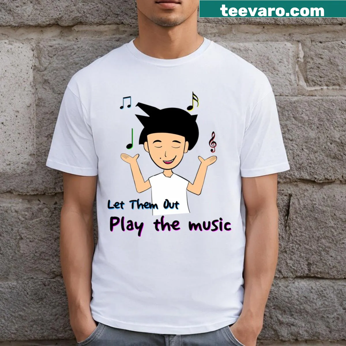 Play The Music t-shirt with a heartfelt graphic — on a men's t-shirt
