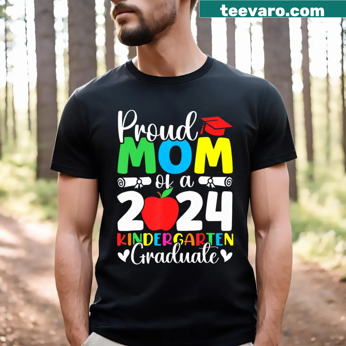 Illustrative graduation T-shirt with 'Proud Mom' and themed graphics — on a men's t-shirt