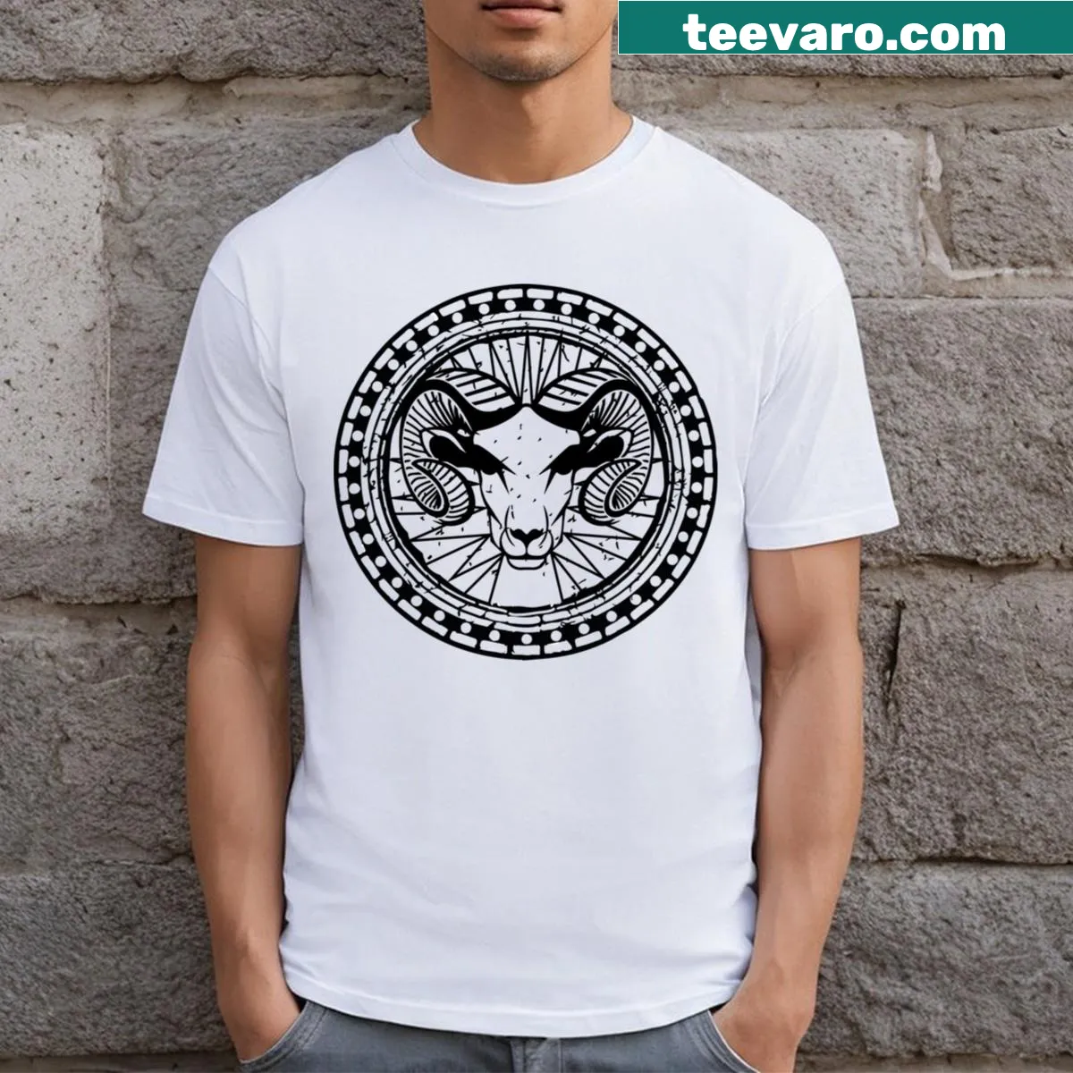 Black and white logo T-shirt featuring a Ram design — on a men's t-shirt
