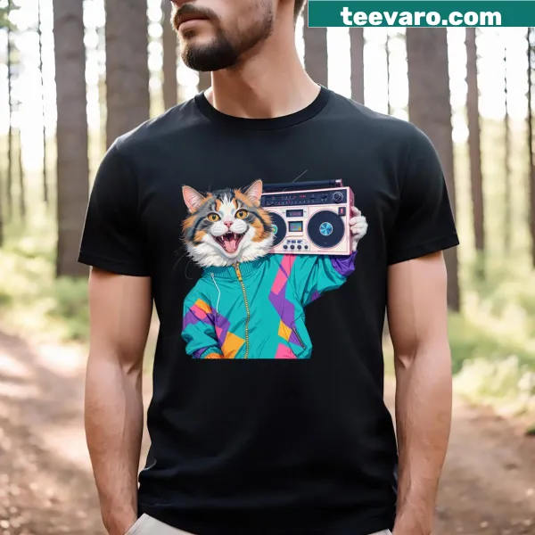 Retro T-shirt with 80s boombox and cat graphic