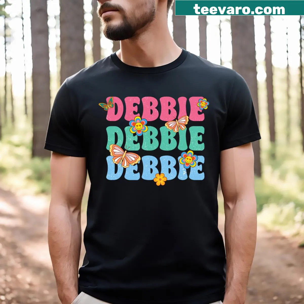 Fun T-shirt with cartoon-style 'Debbie' name design — on a men's t-shirt