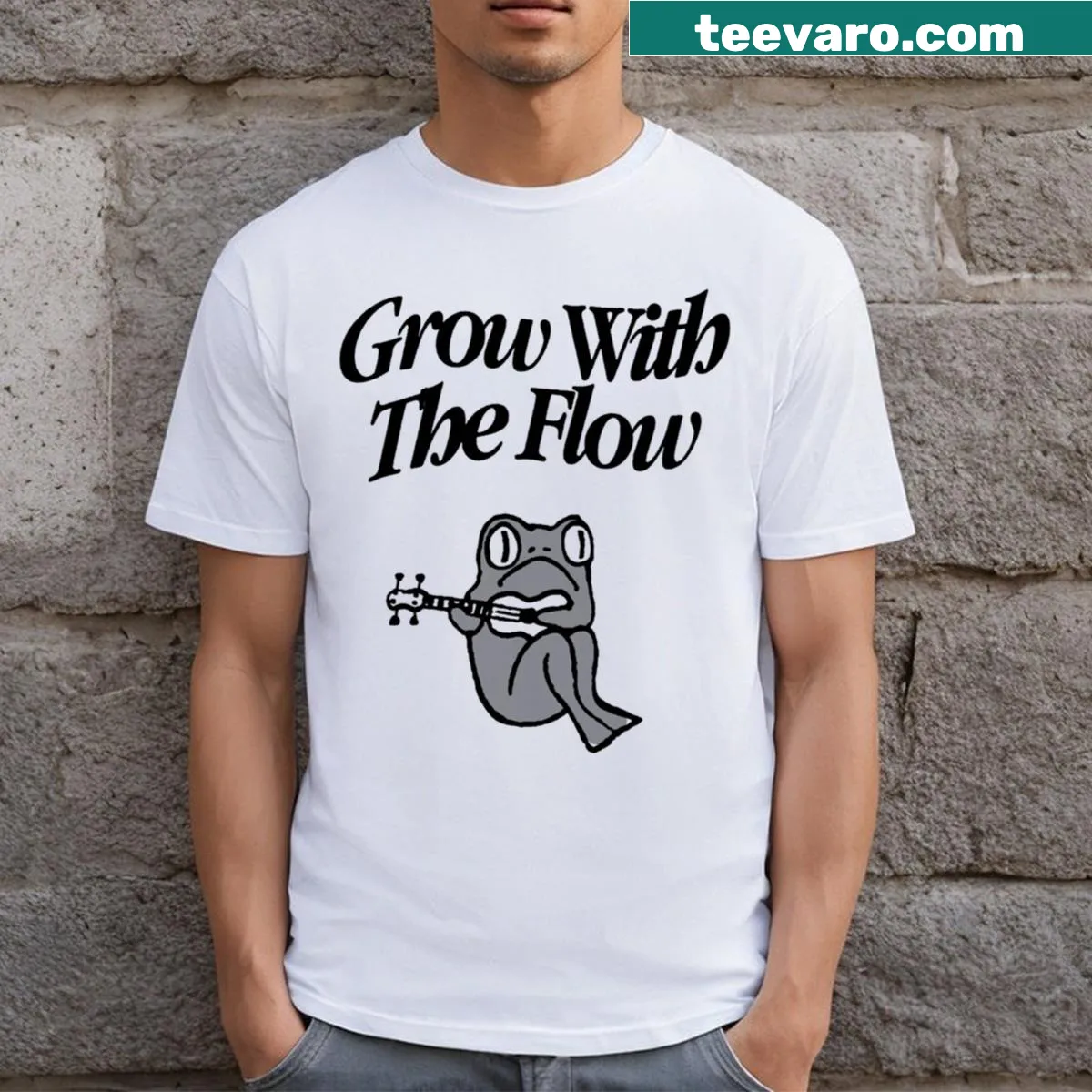Whimsical frog guitarist graphic on cute T-shirt — on a men's t-shirt