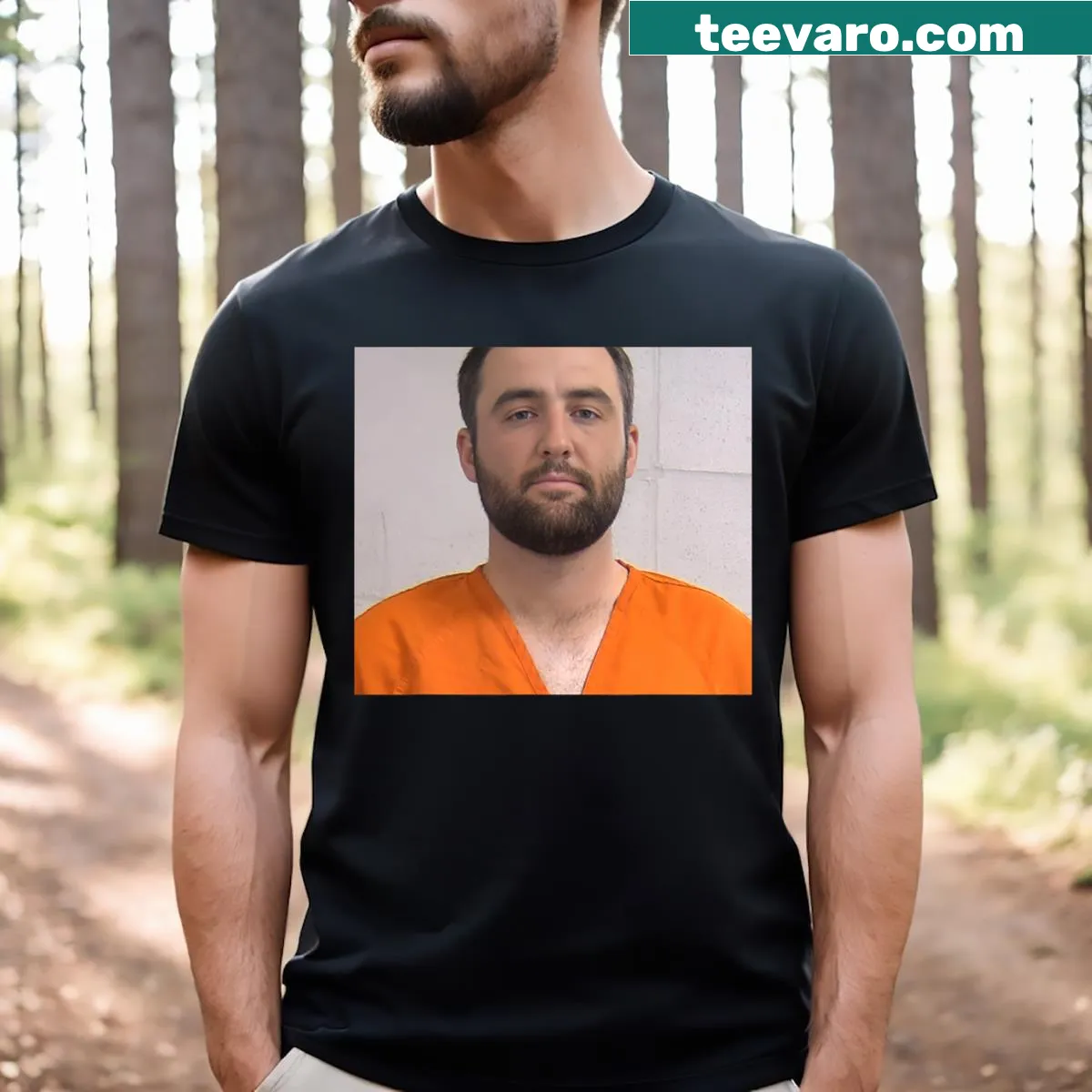T-shirt featuring a Scottie dog in a humorous mugshot style — on a men's t-shirt