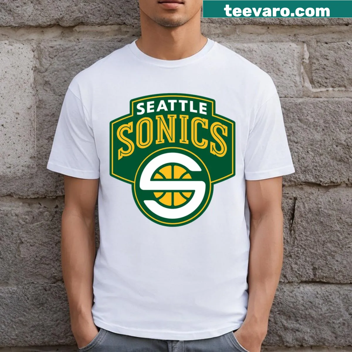 Essential Seattle Supersonics t-shirt with team name — on a men's t-shirt