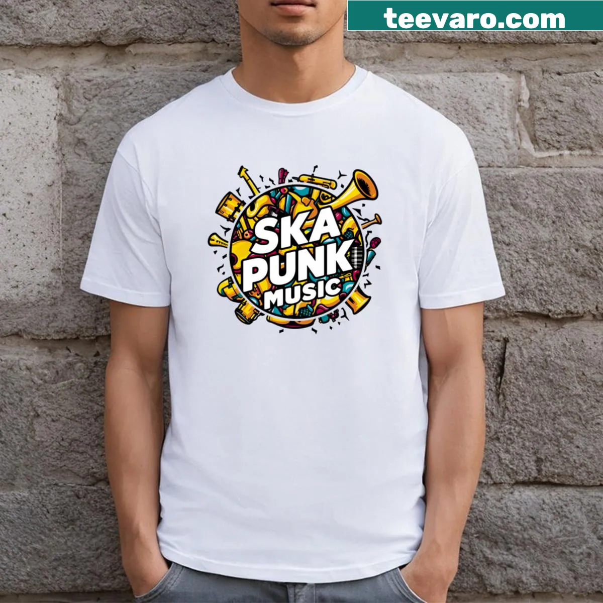 Ska punk themed t-shirt featuring dynamic typography celebrating the genre. — on a men's t-shirt