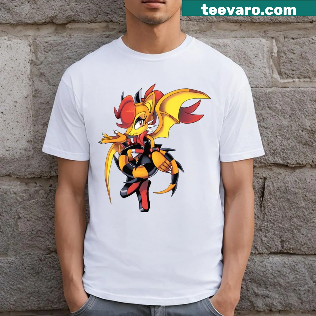 T-shirt featuring playful fanart of Sonic the Hedgehog in vibrant colors. — on a men's t-shirt