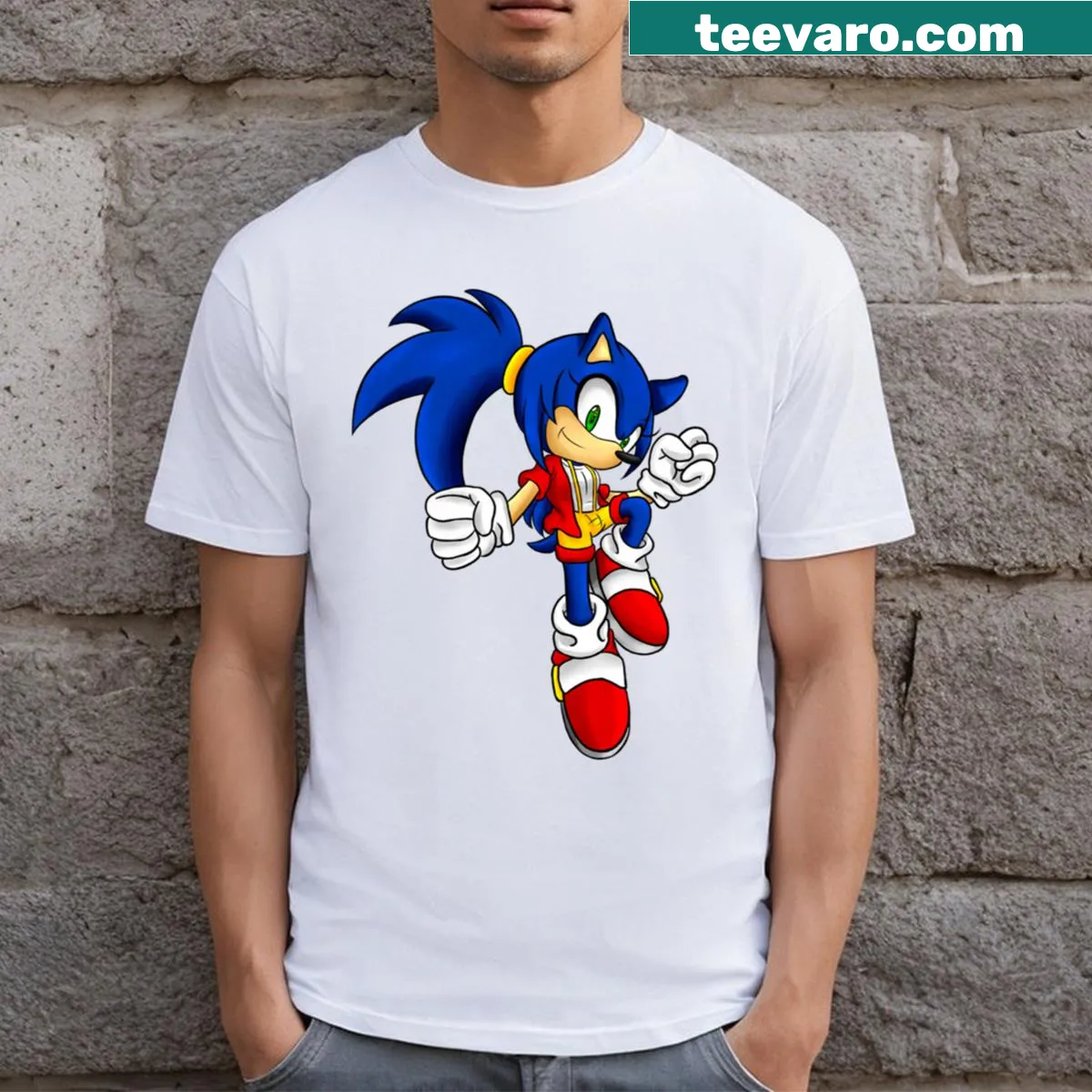 T-shirt featuring a playful graphic of Sonic the Hedgehog. — on a men's t-shirt