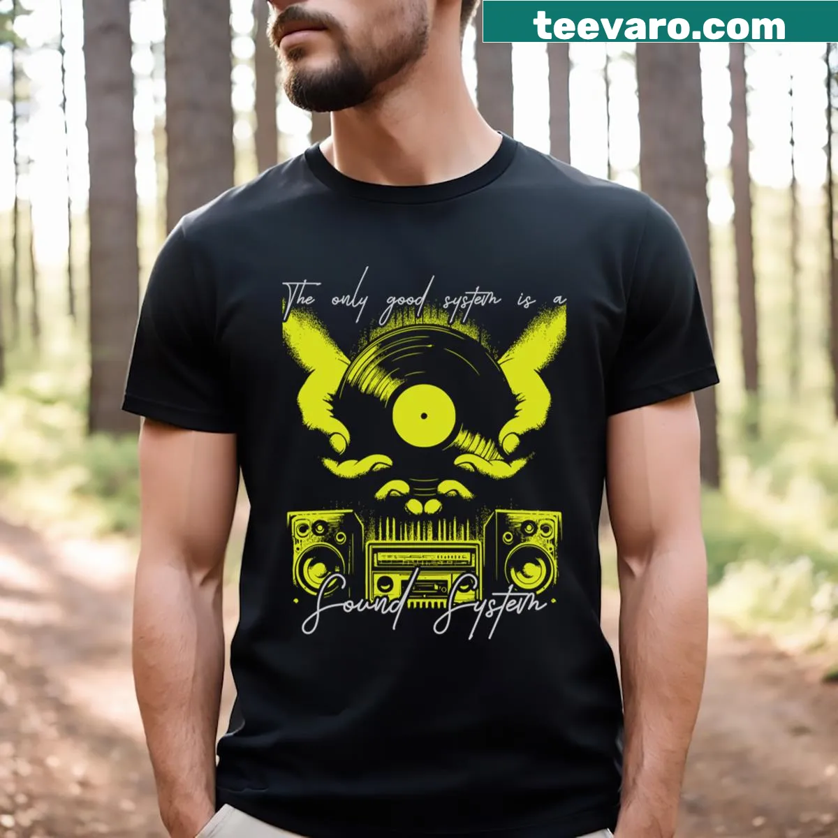 Bold typography t-shirt celebrating sound and music — on a men's t-shirt