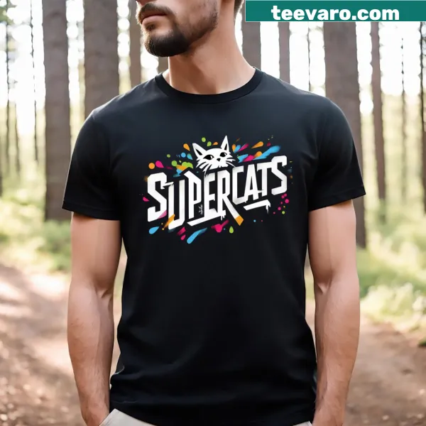 Graffiti-style Supercats logo t-shirt featuring playful cat elements