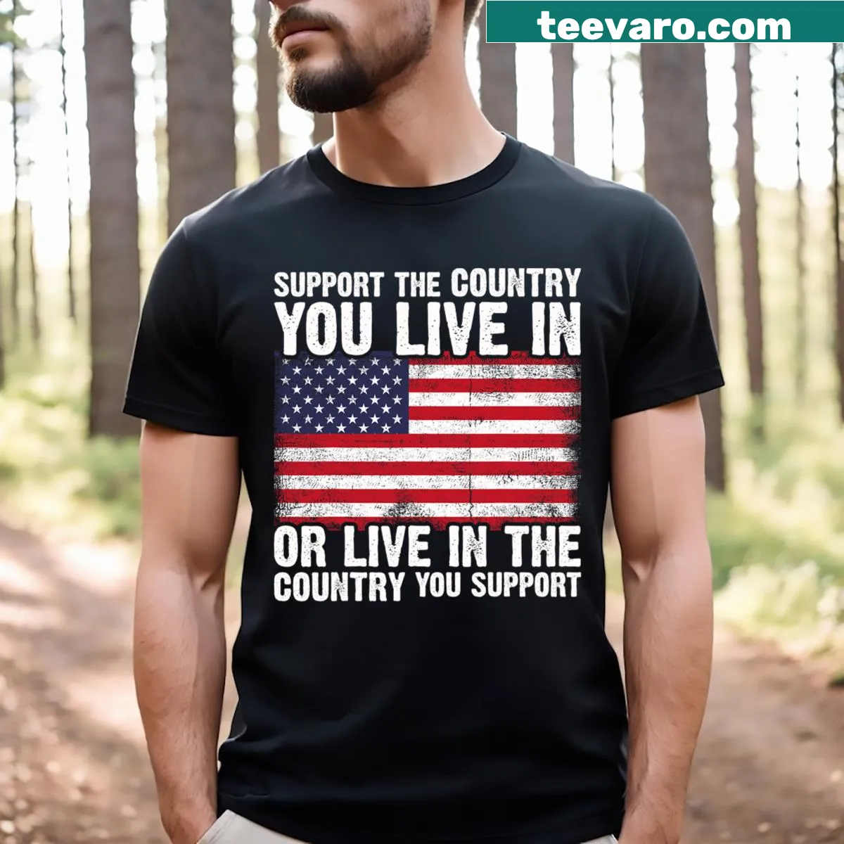 Patriotic t-shirt with flag design and supportive slogan — on a men's t-shirt