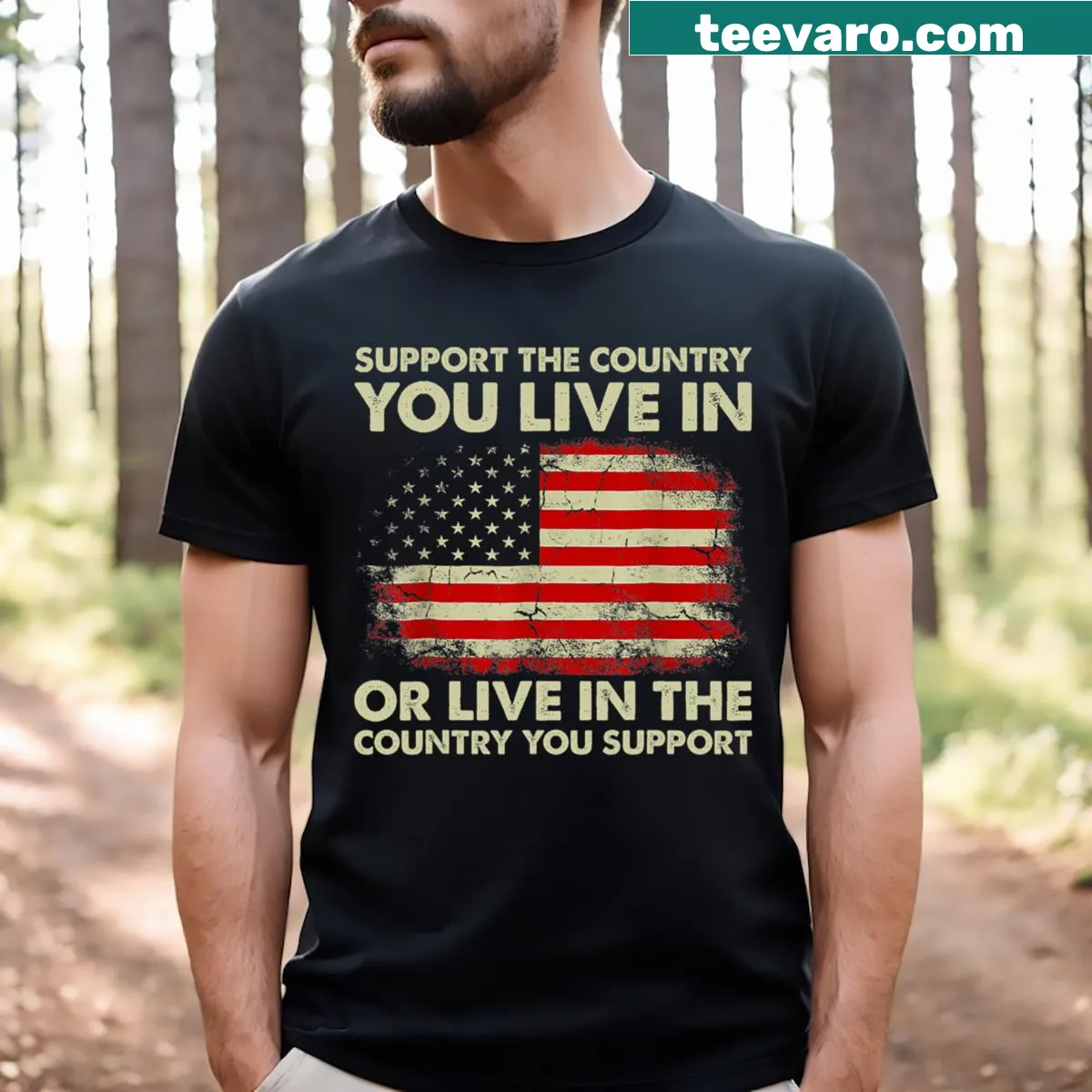 Patriotic t-shirt featuring supportive slogan about country — on a men's t-shirt
