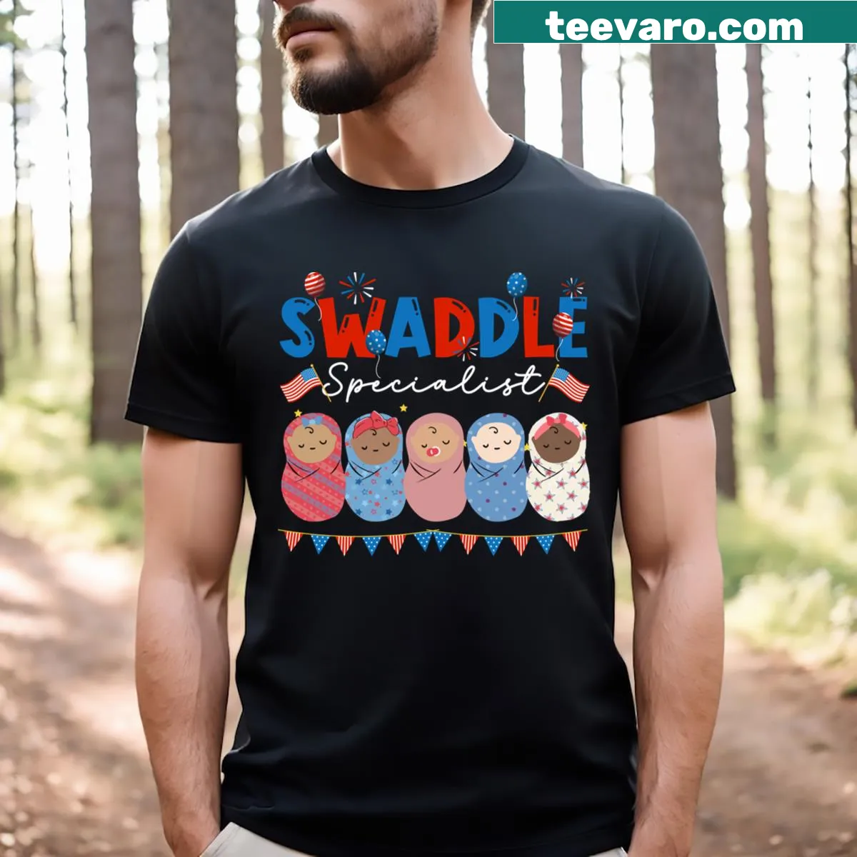 Patriotic nurse t-shirt reading 'Swaddle Specialist NICU' — on a men's t-shirt