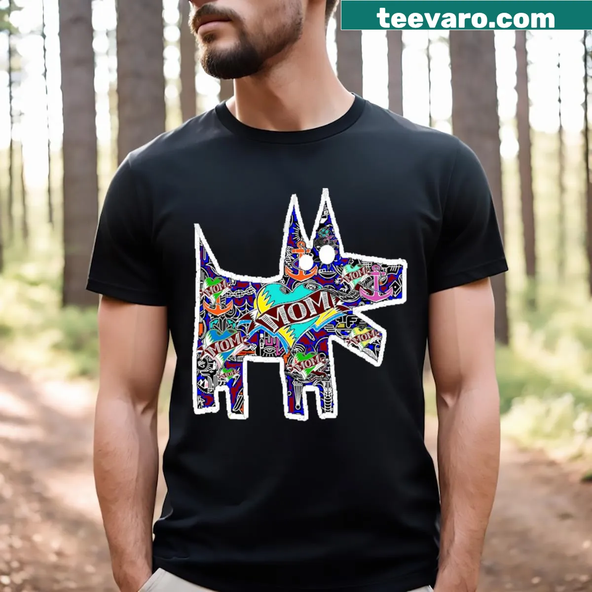 Grunge-style t-shirt with tattoo graffiti of a dog — on a men's t-shirt