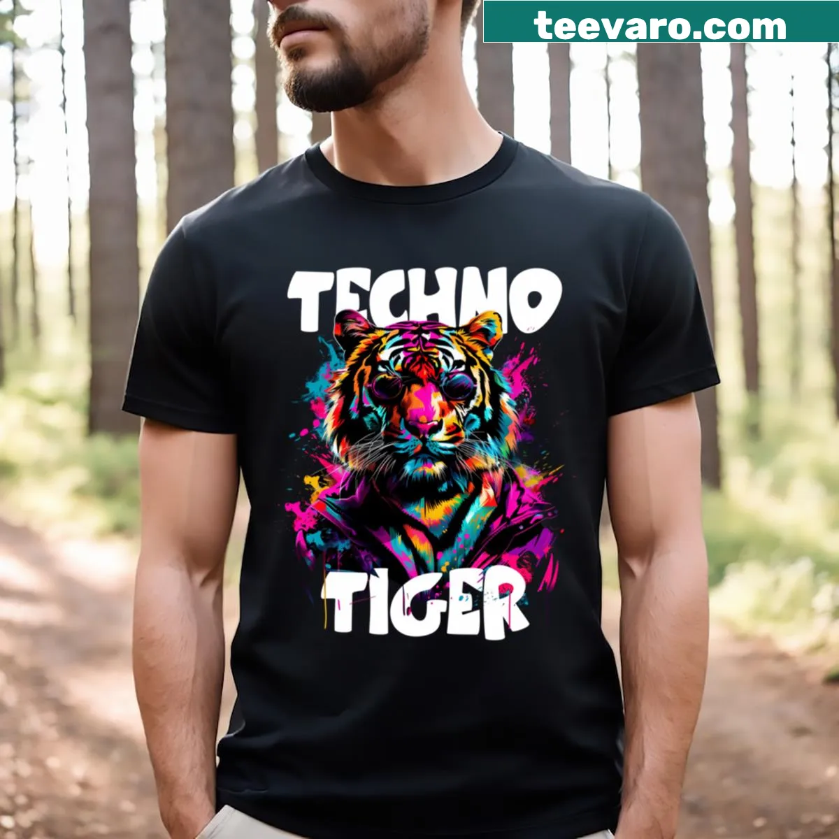 Stylized techno tiger graphic T-shirt with intricate details — on a men's t-shirt