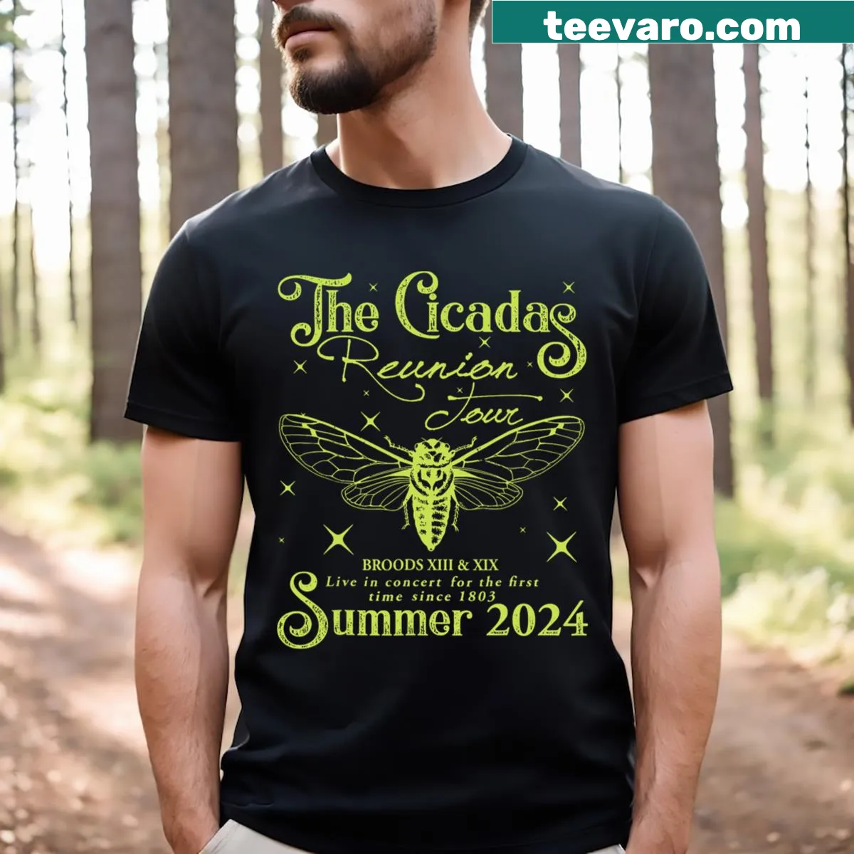Illustration of cicadas with text: Cicadas Reunion Tour Summer 2024 — on a men's t-shirt