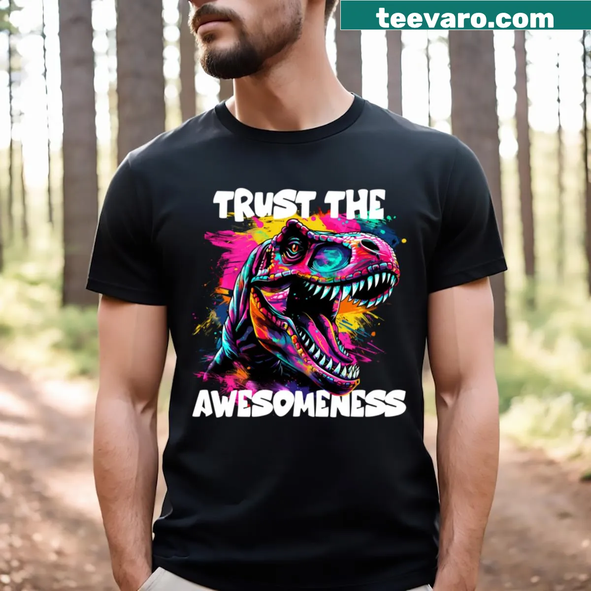 Whimsical dinosaur T-shirt with a playful message — on a men's t-shirt