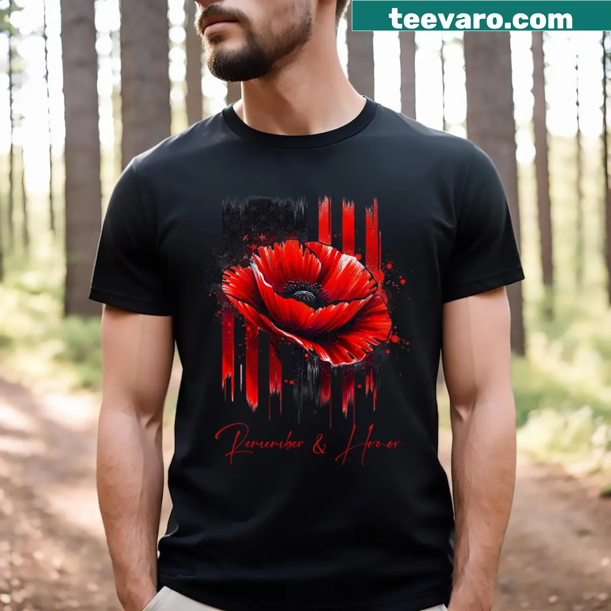 Veterans Day t-shirt with red poppy flower design — on a men's t-shirt