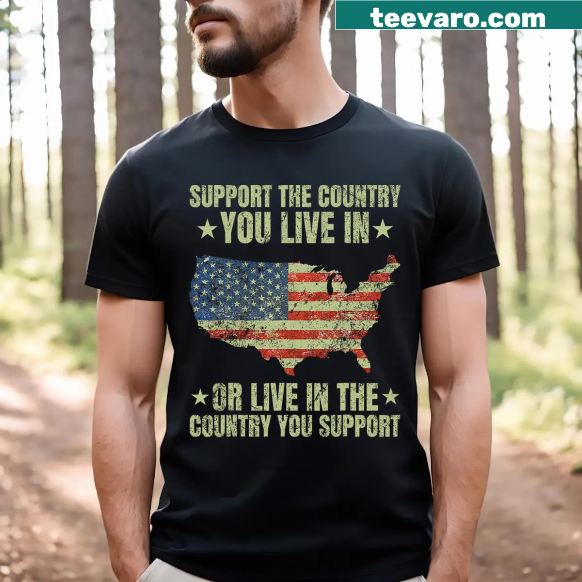 Distressed American flag graphic on a T-shirt showcasing patriotism — on a men's t-shirt