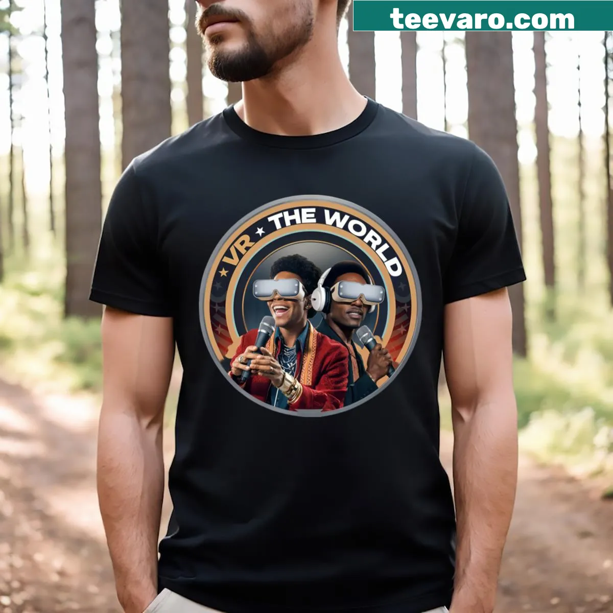 Bold typography t-shirt with the phrase 'VR The World' — on a men's t-shirt