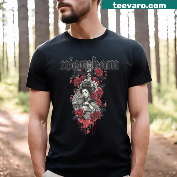 Illustrated T-shirt featuring a geisha surrounded by blooming flowers