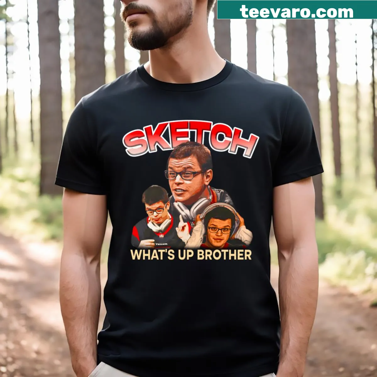 Streamer T-shirt with whimsical sketch and humorous text — on a men's t-shirt