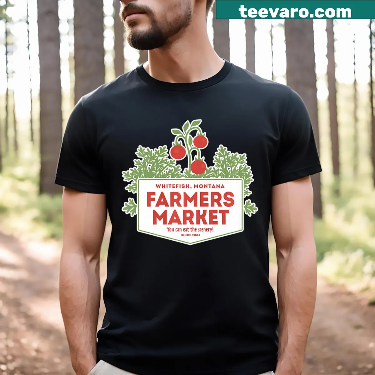 Cartoon-style T-shirt depicting a farmers market scene in Whitefish, Montana — on a men's t-shirt