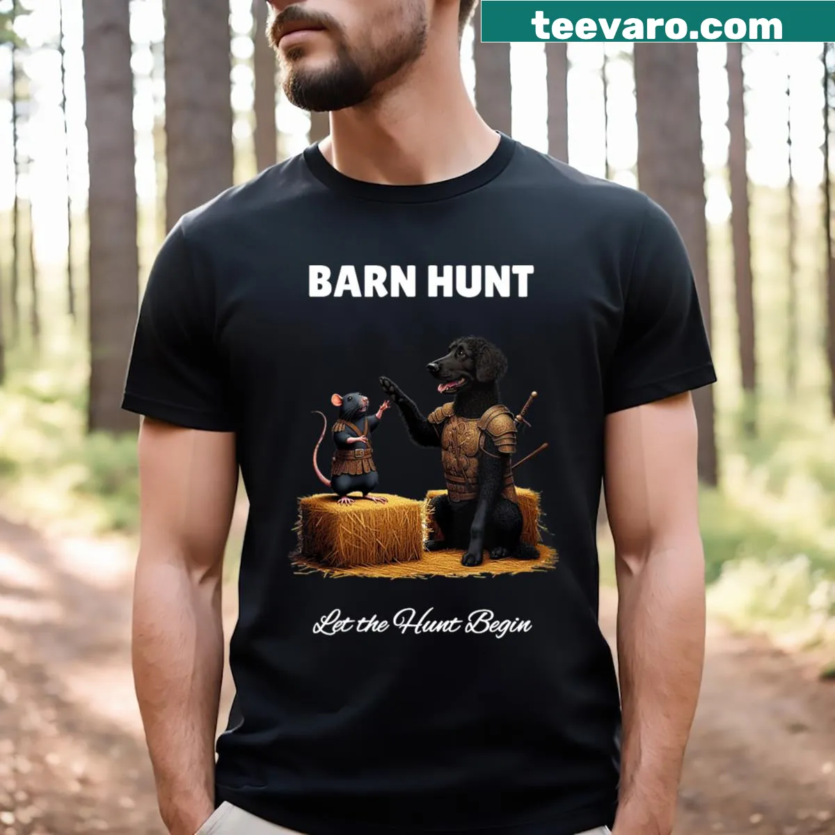 Cute cartoon T-shirt featuring rat and curly-haired retriever — on a men's t-shirt