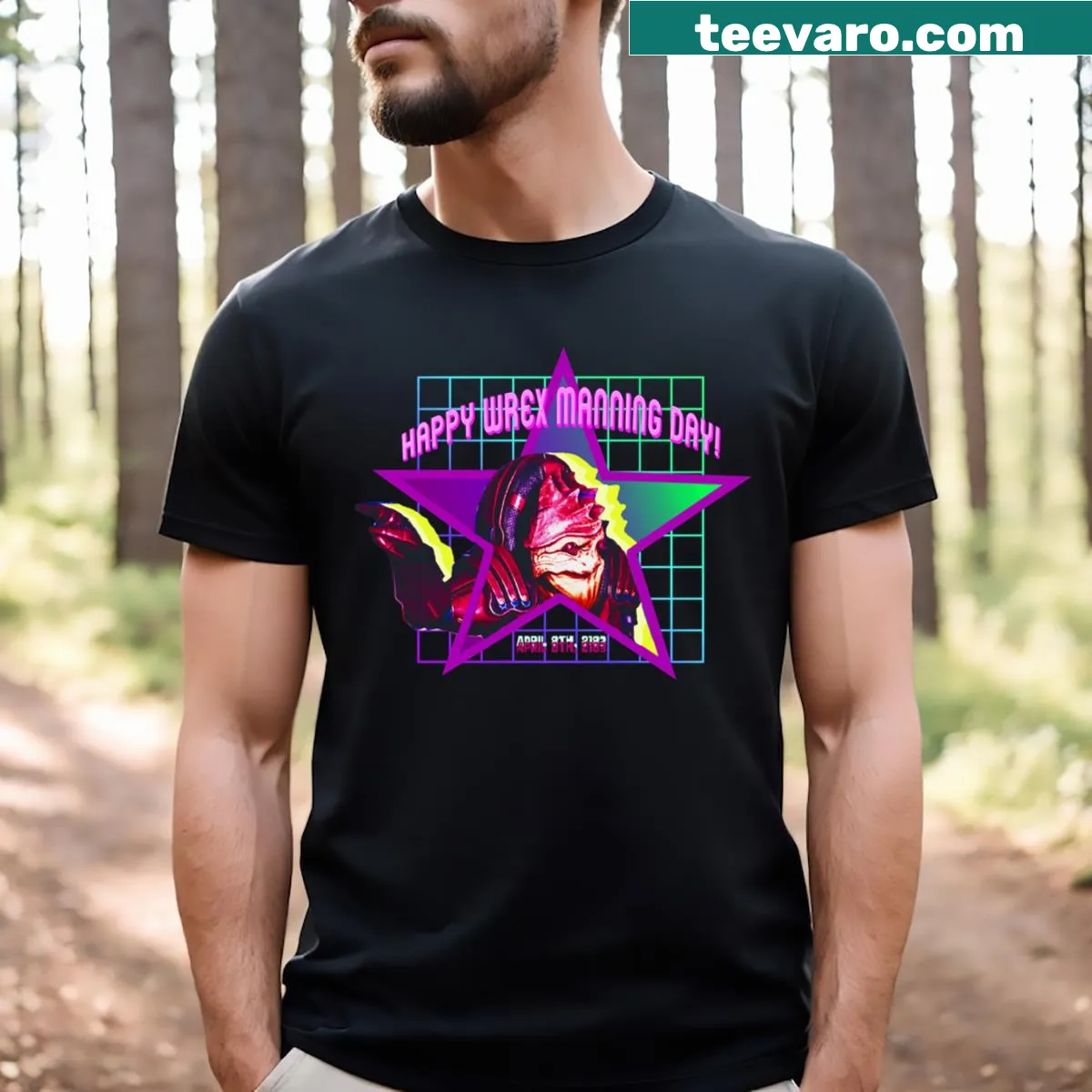 Wrex-themed Mass Effect T-shirt featuring bold graphic design — on a men's t-shirt