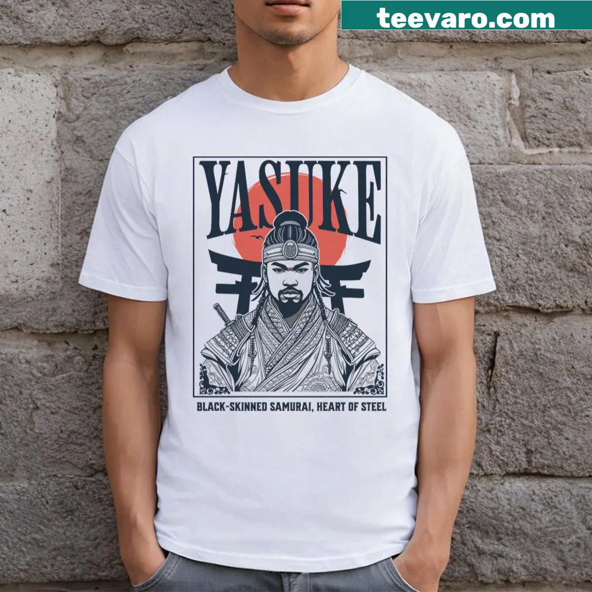 Illustrated T-shirt featuring Yasuke, the first African samurai — on a men's t-shirt