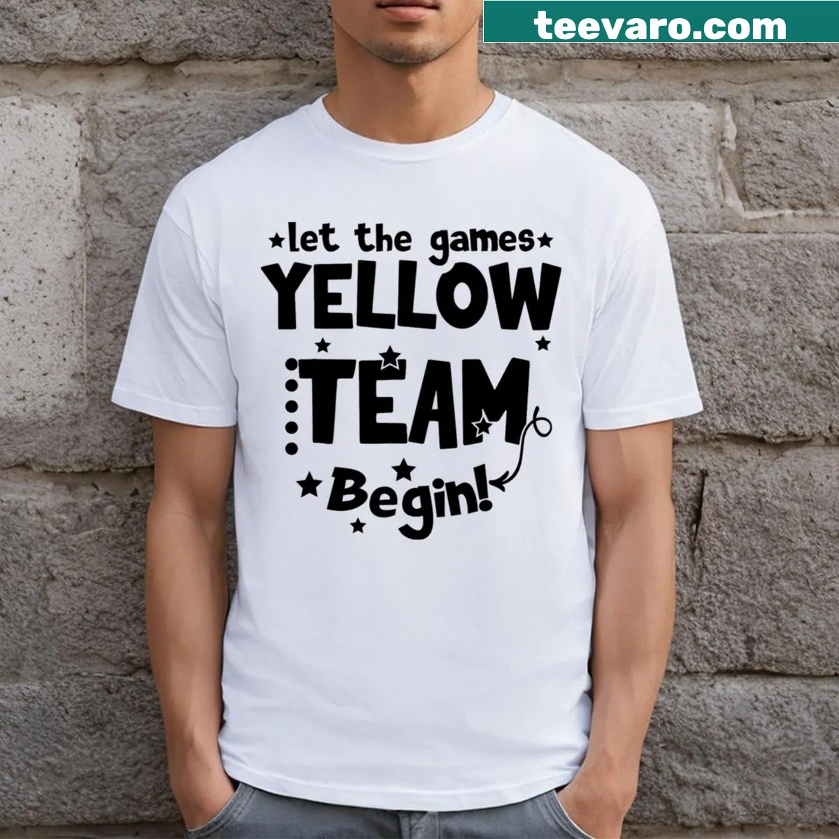 T-shirt with 'Let The Games Begin' text for field trips and events — on a men's t-shirt
