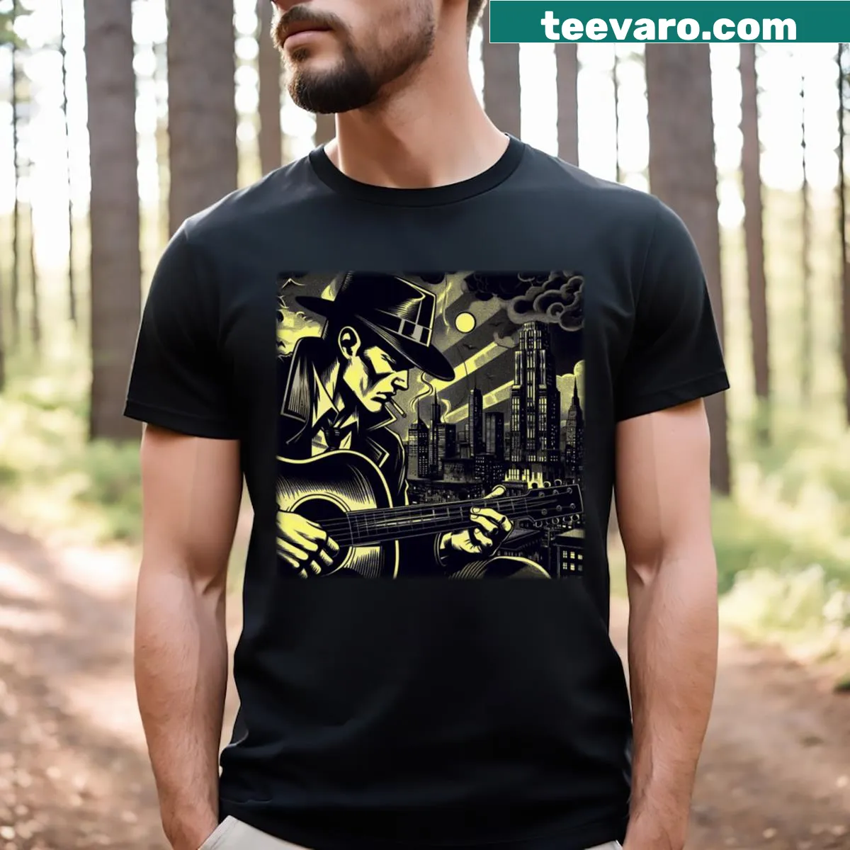 Edgy T-shirt with phrase about playing the blues — on a men's t-shirt