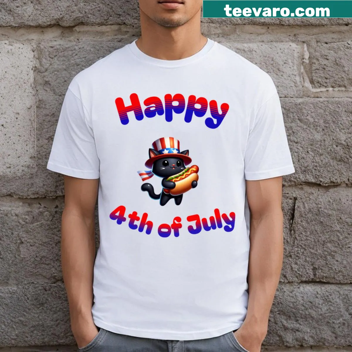 Cute T-shirt featuring a festive cat for July 4th celebrations — on a men's t-shirt