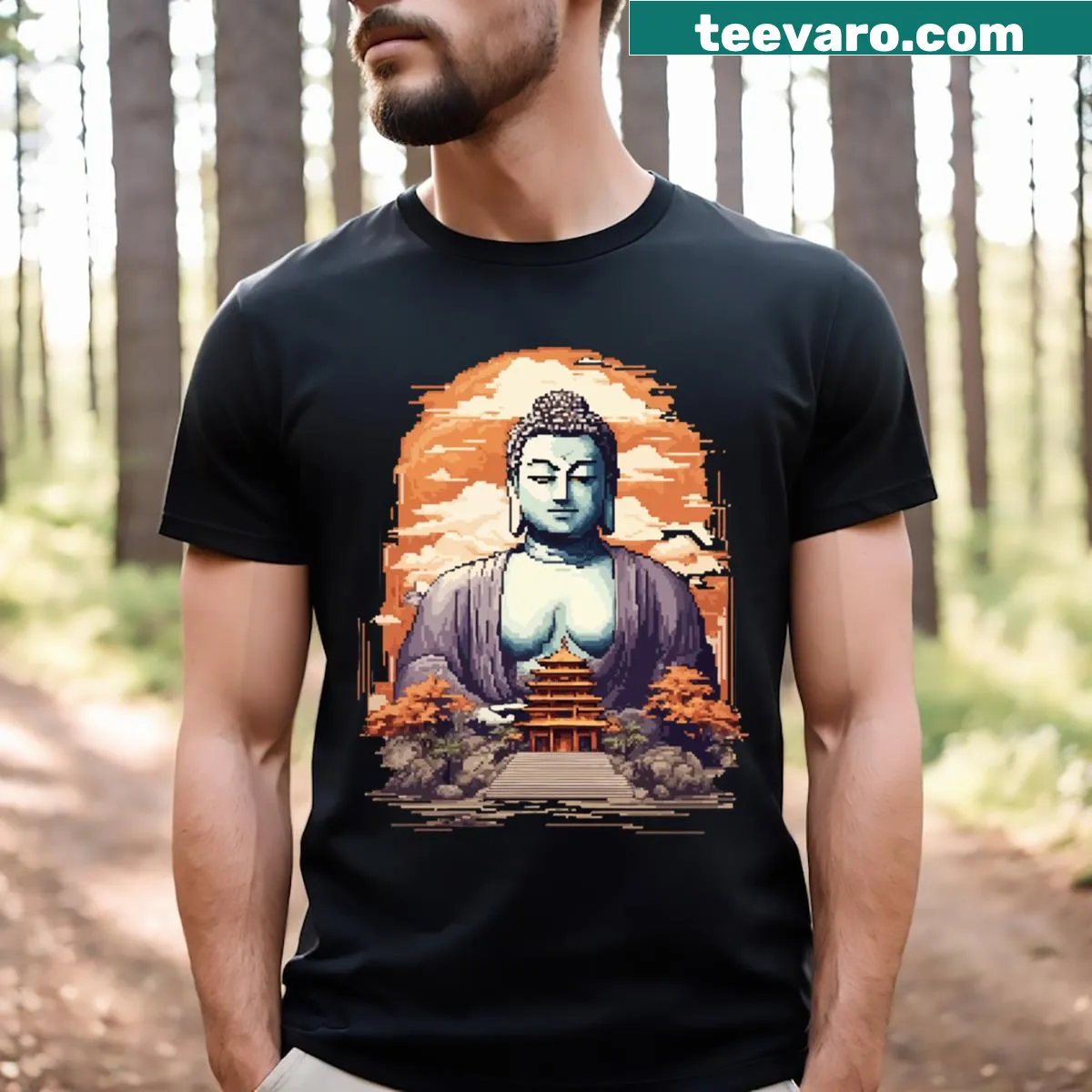 8-bit graphic of the Great Buddha of Kamakura on a T-shirt — on a men's t-shirt