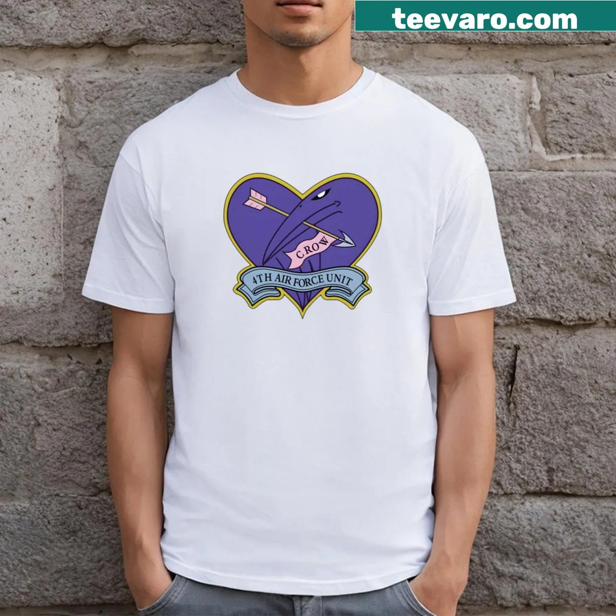 Crow Squadron emblem graphic T-shirt — on a men's t-shirt