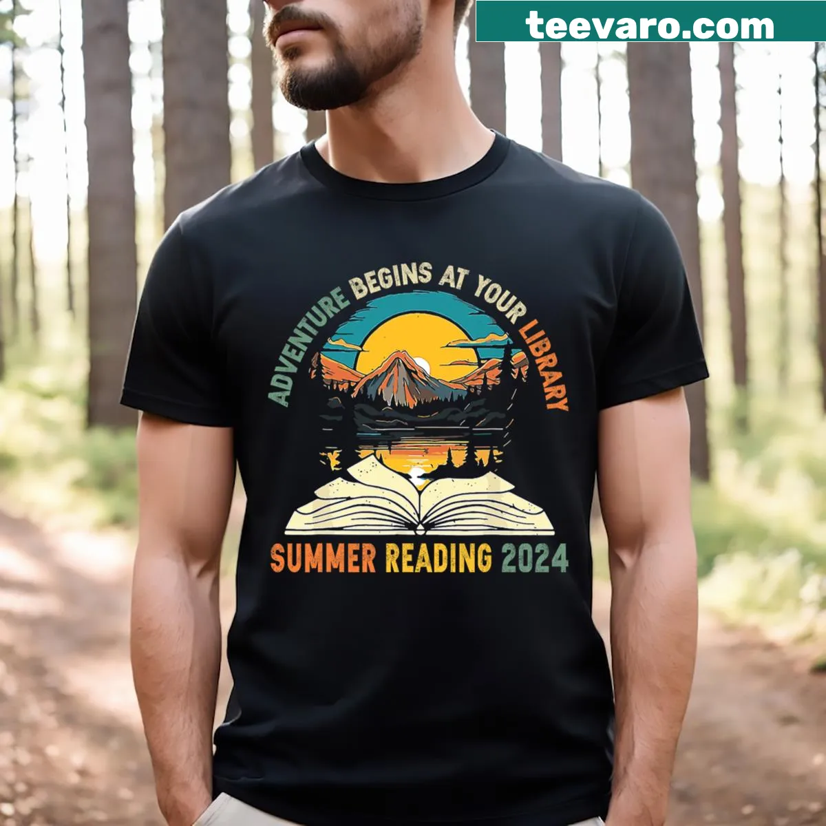 Vintage style T-shirt with library reading graphic — on a men's t-shirt