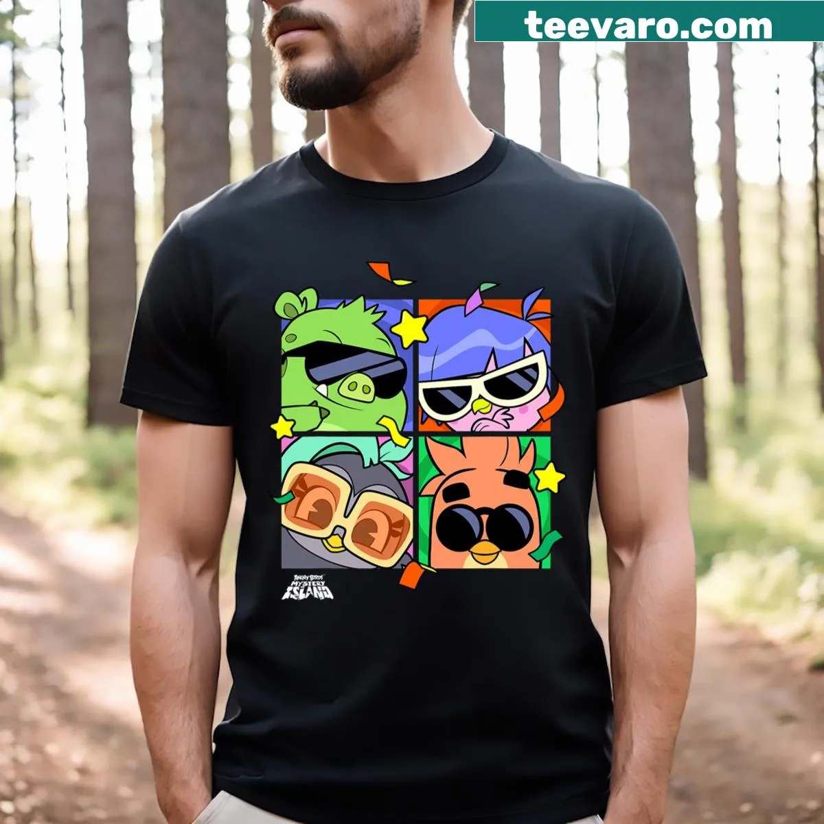 Graphic t-shirt featuring Angry Birds on a mystery island — on a men's t-shirt