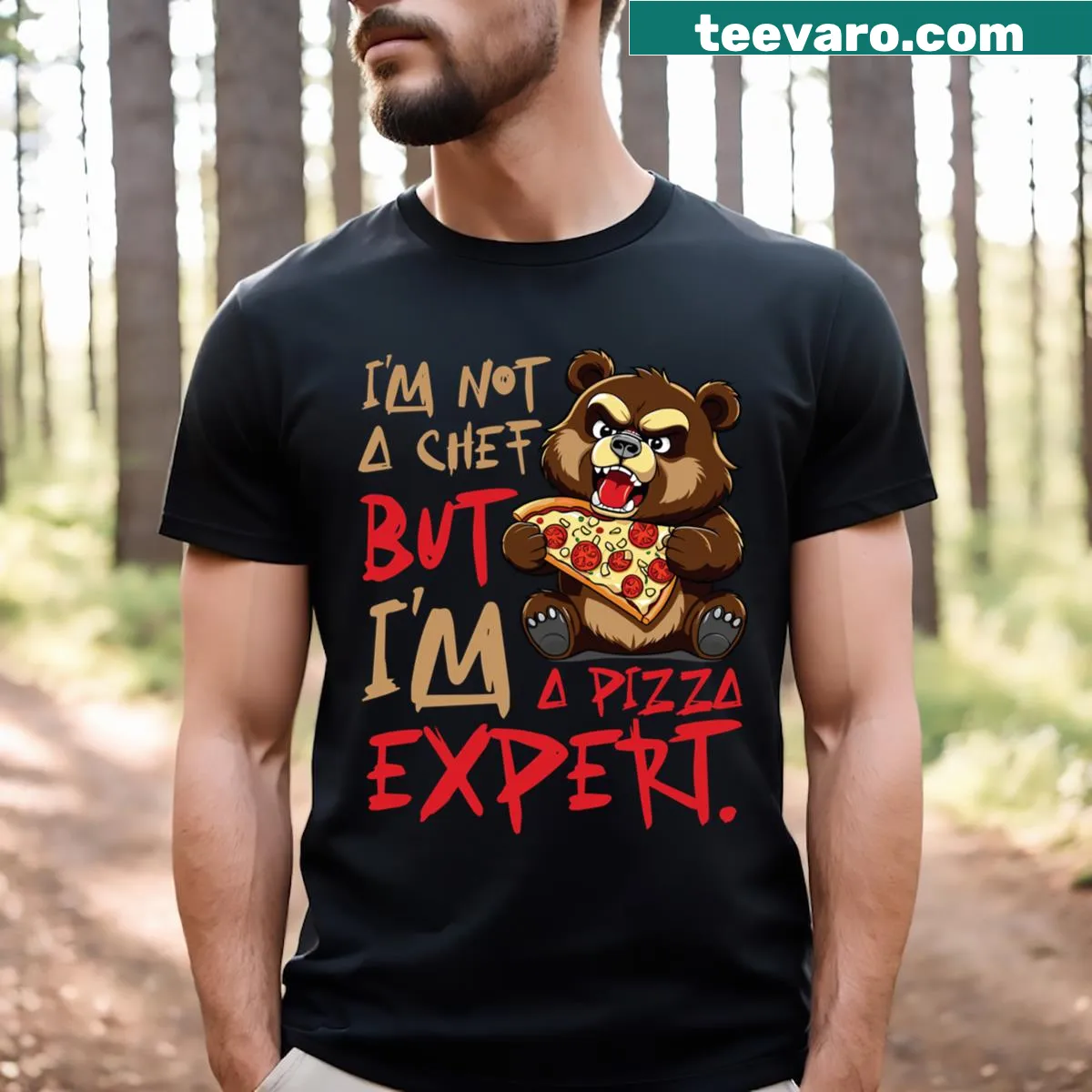 Cute t-shirt featuring a bear and pizza design — on a men's t-shirt