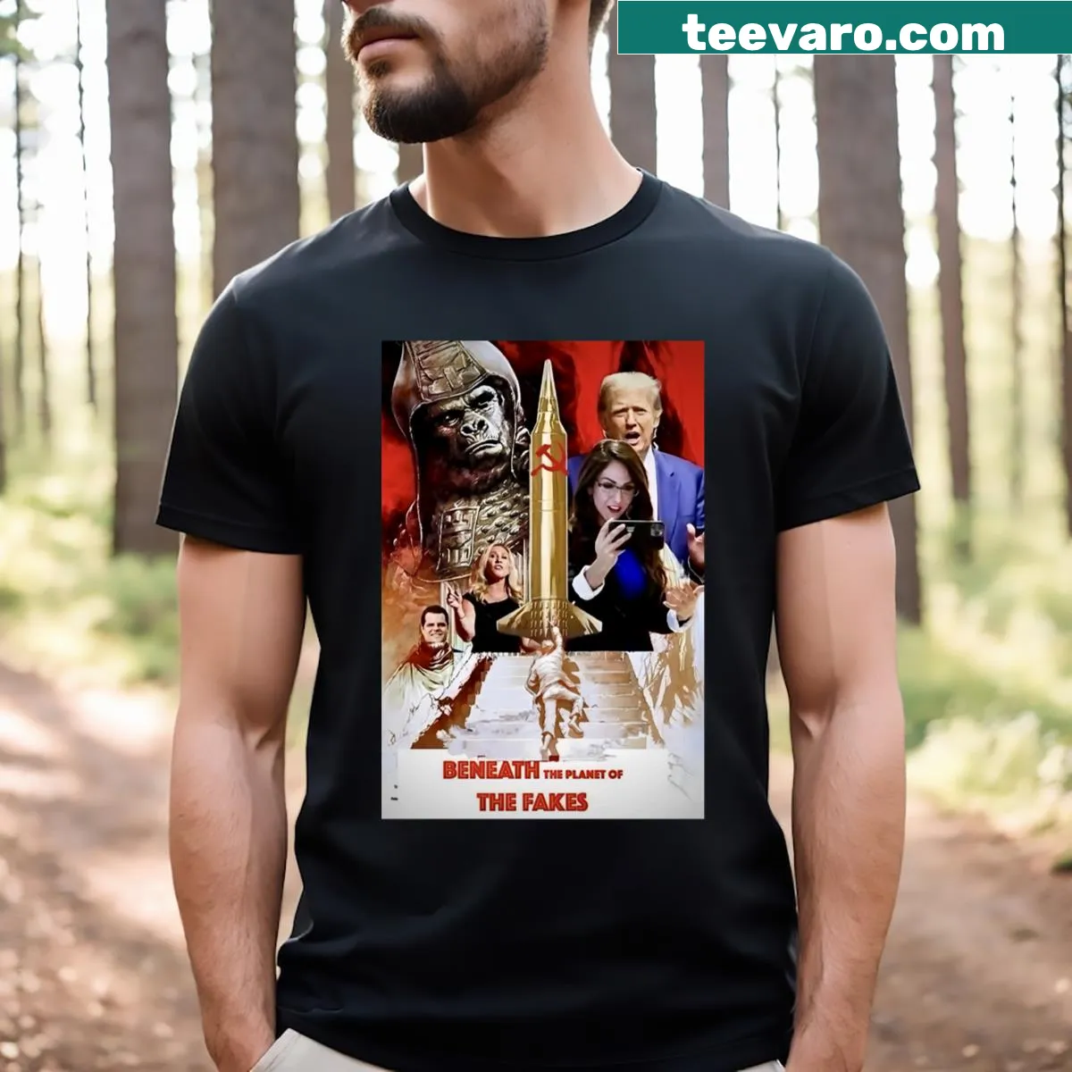 T-shirt with the text 'Beneath The Planet Of The Fakes' — on a men's t-shirt