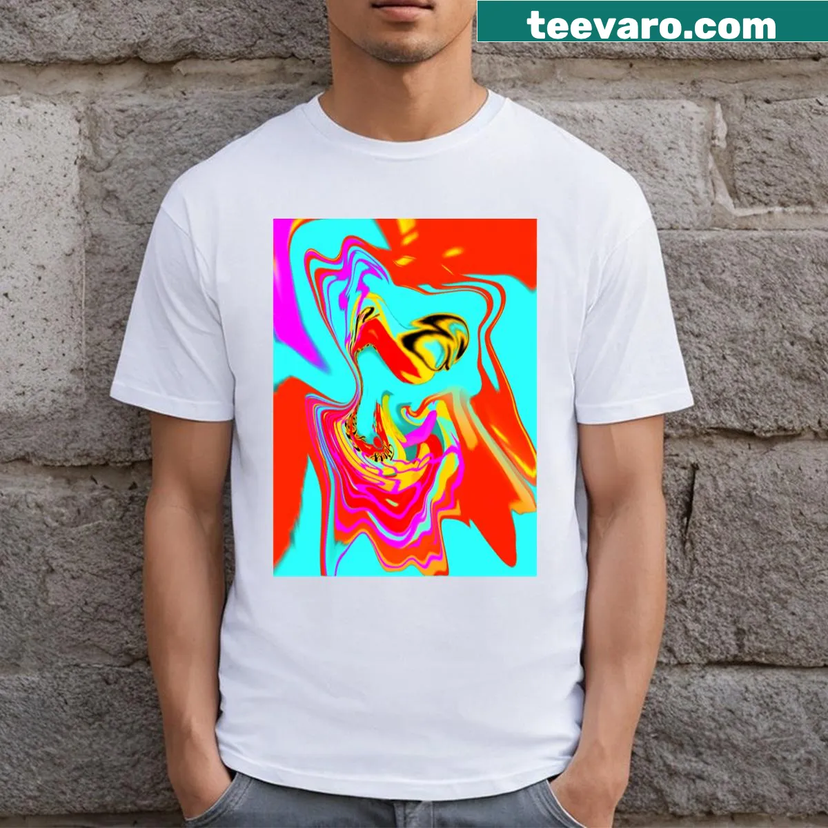 Abstract t-shirt with a swirling hippie design in bright colors — on a men's t-shirt
