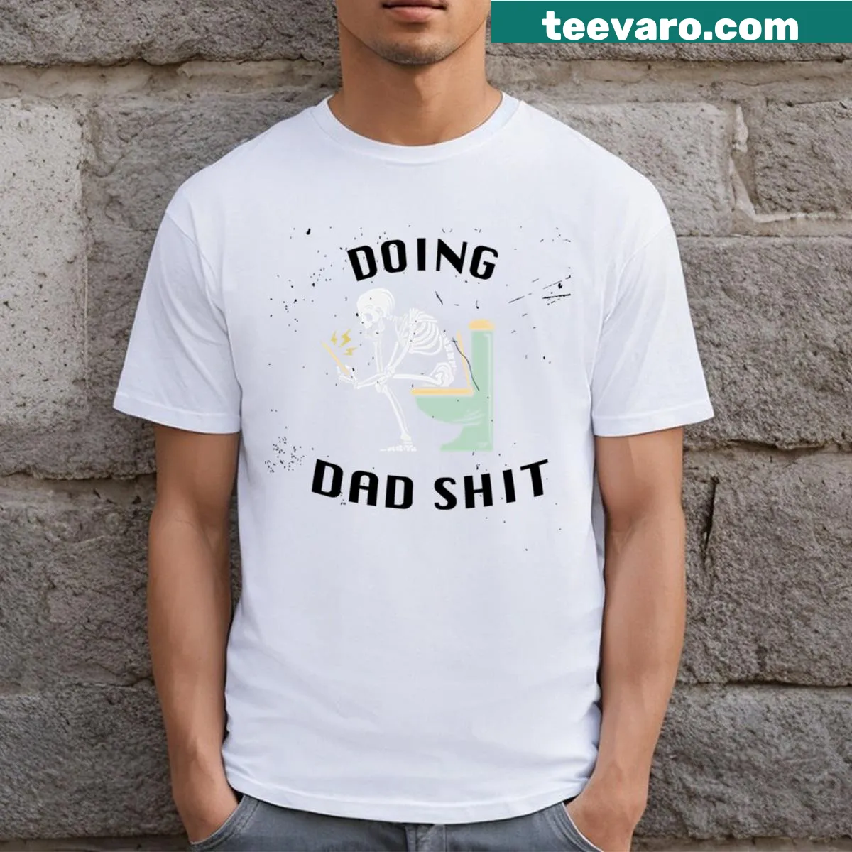 Sarcastic skeleton graphic t-shirt with humorous text — on a men's t-shirt