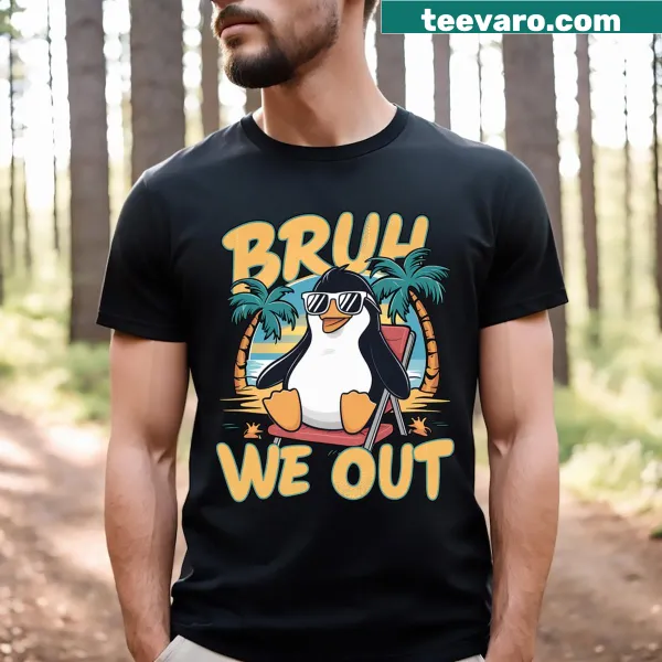 Funny penguin graphic on a teacher's summer t-shirt for the last day of school