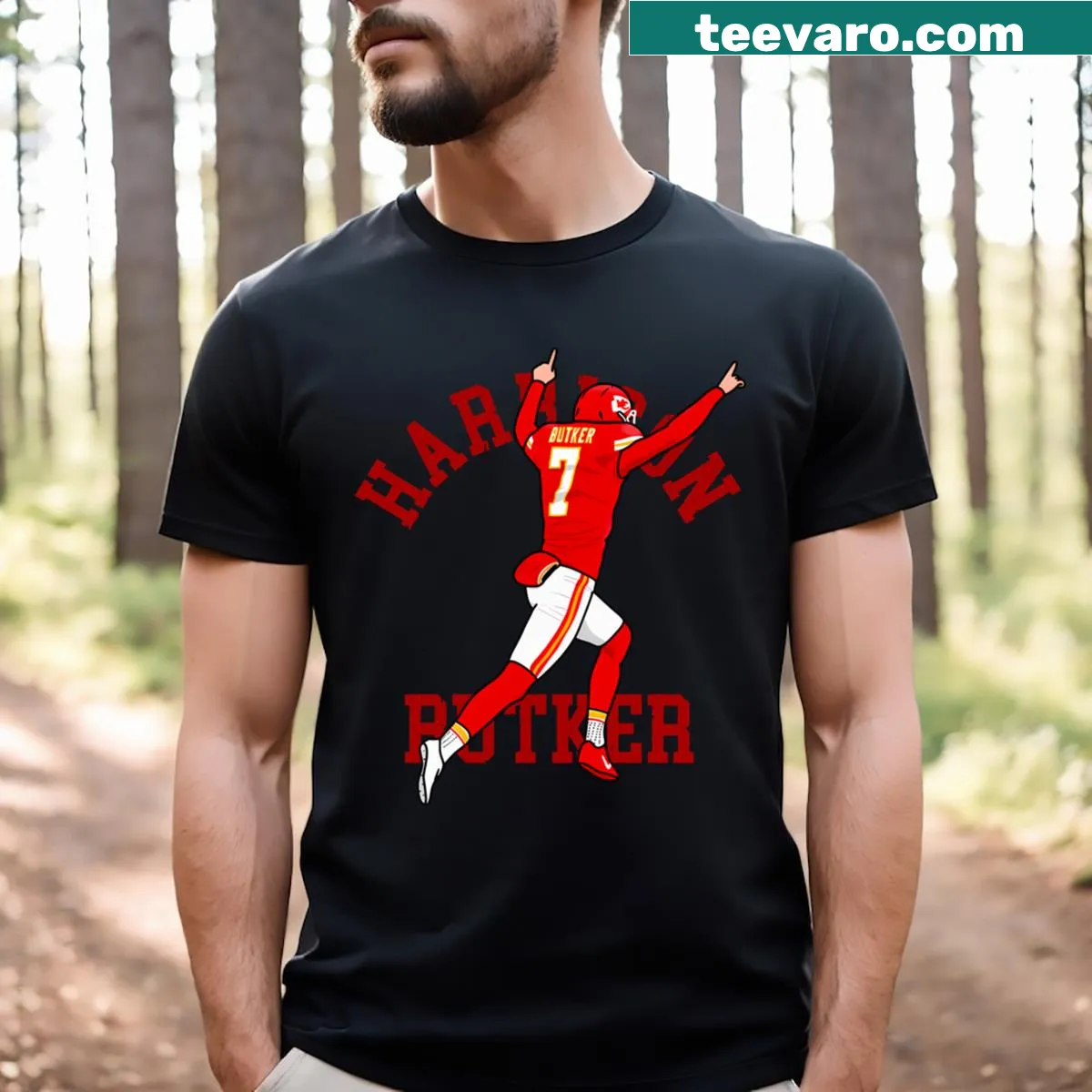Football-themed T-shirt with the text 'Butker Helmet' — on a men's t-shirt