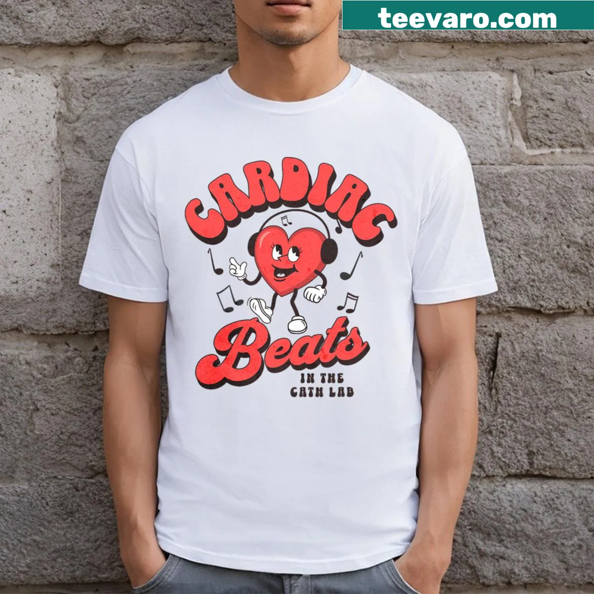 Retro heart with headphones design for cath lab professionals — on a men's t-shirt