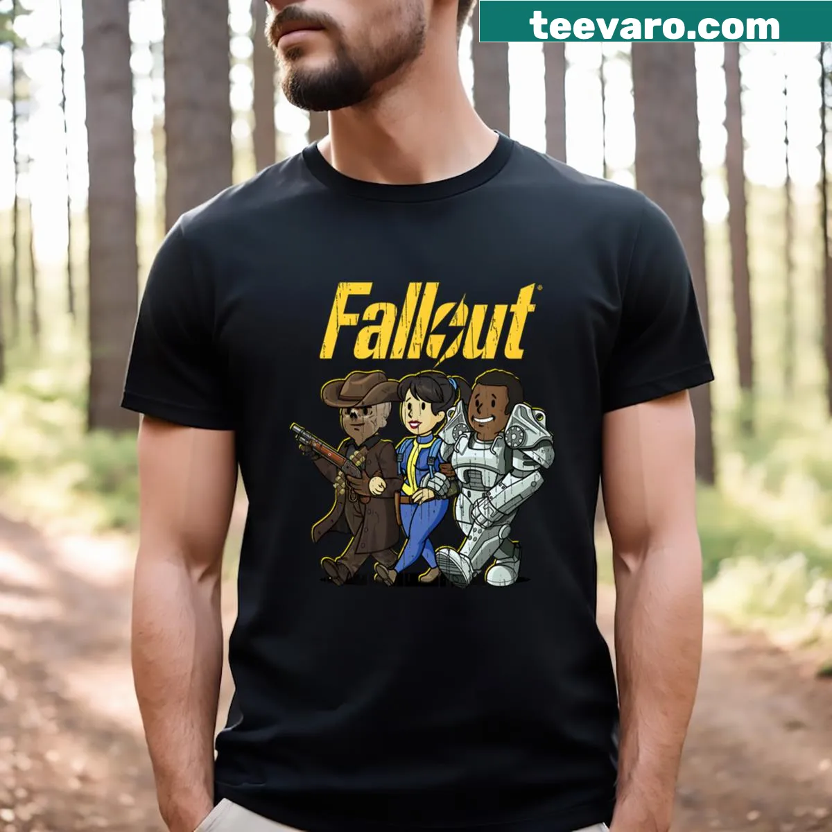 T-shirt featuring a graphic of a man and woman — on a men's t-shirt