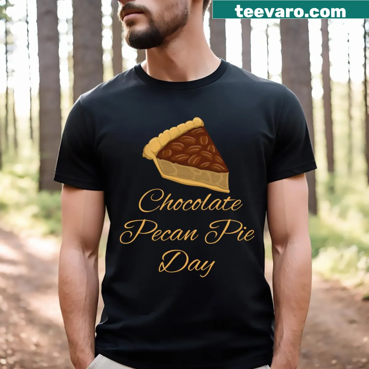 Graphic t-shirt celebrating Chocolate Pecan Pie Day. — on a men's t-shirt