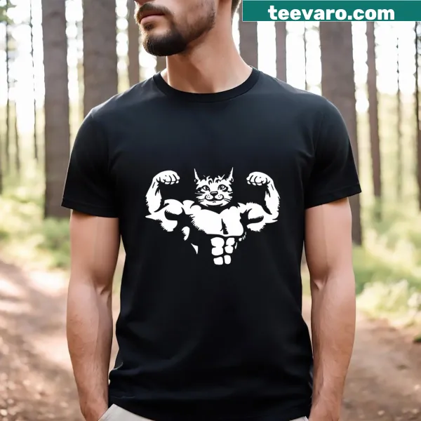 Funny t-shirt with a muscular cat graphic and humorous text