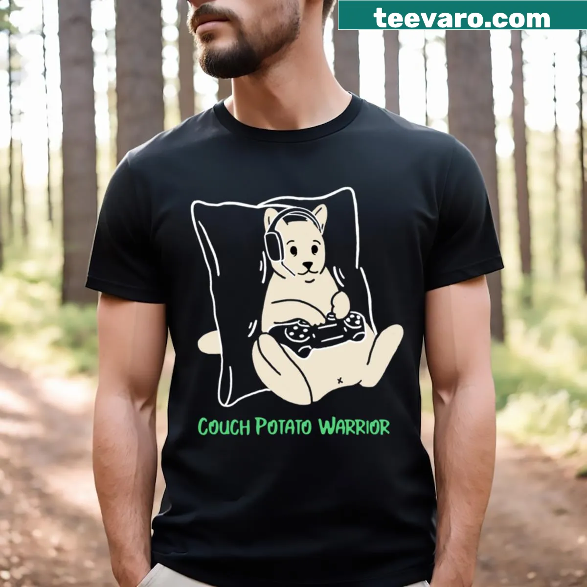 Funny gamer T-shirt with 'Couch Potato Warrior' text — on a men's t-shirt
