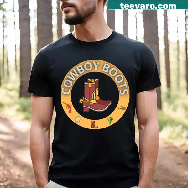 Cowboy boots graphic on a humorous T-shirt.